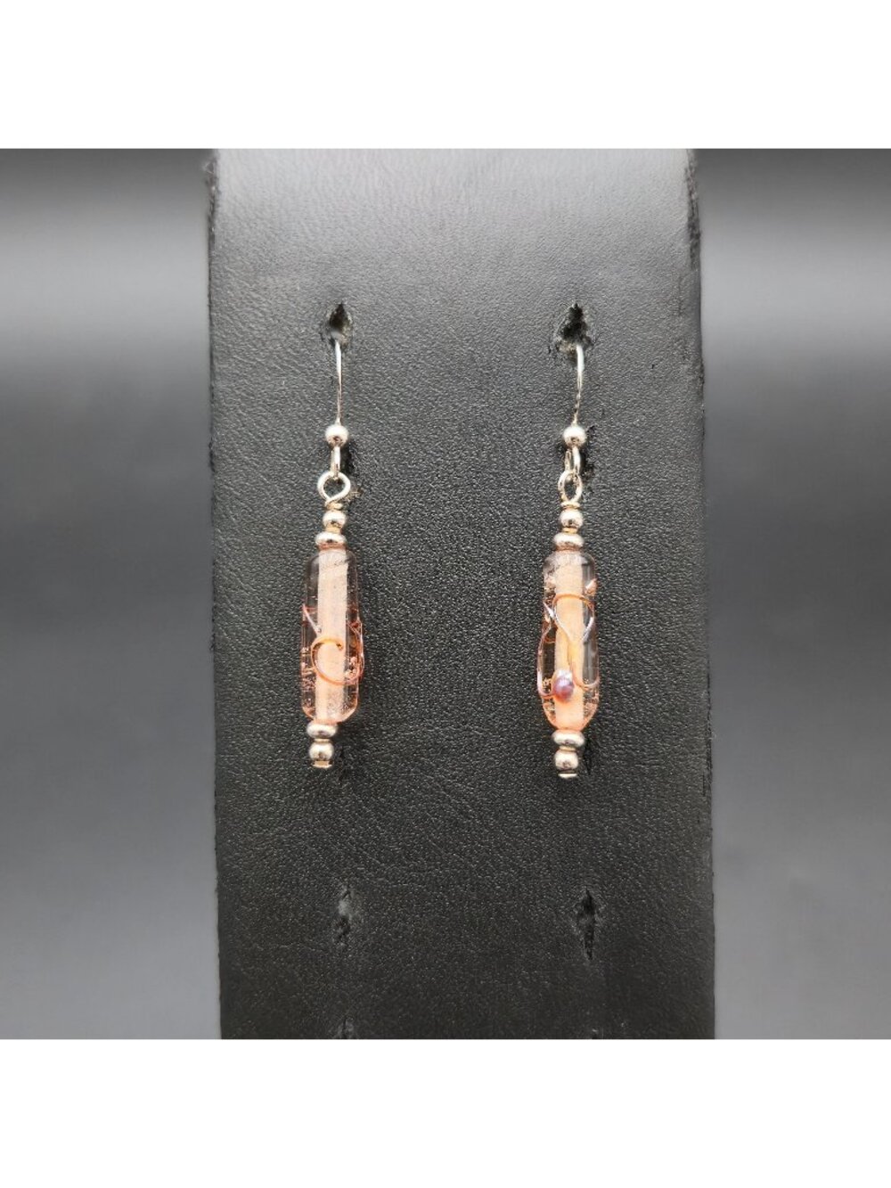 Sterling Silver Peach Glass Tube Foil Bead Dangle Earrings A8791